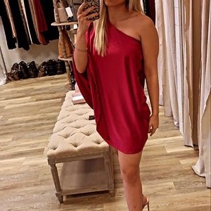 One shoulder hot pink drape dress